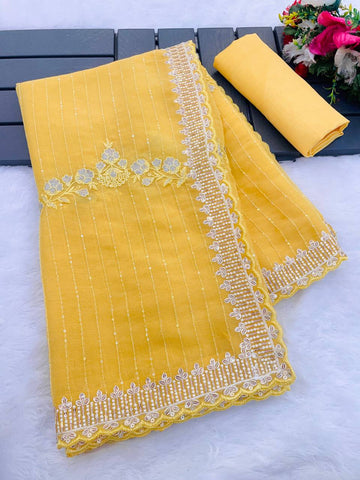 Yellow Crunchy Silk Saree - Designer Embroidered Sequins C-Pallu with Arco Cutwork Border