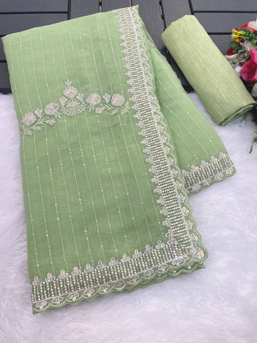 Pista Green Crunchy Silk Saree - Designer Embroidered Sequins C-Pallu with Arco Cutwork Border