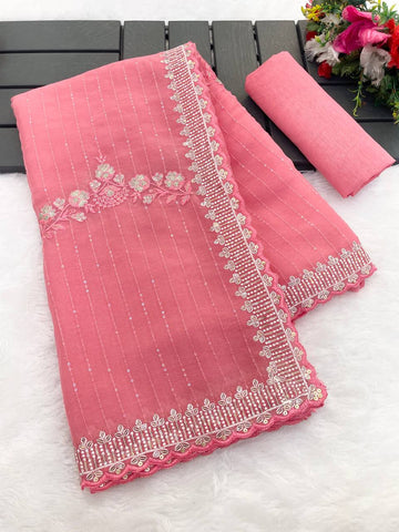 Pink Crunchy Silk Saree - Designer Embroidered Sequins C-Pallu with Arco Cutwork Border