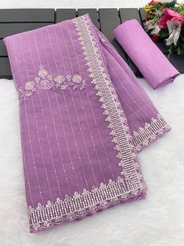 Lavender Crunchy Silk Saree - Designer Embroidered Sequins C-Pallu with Arco Cutwork Border