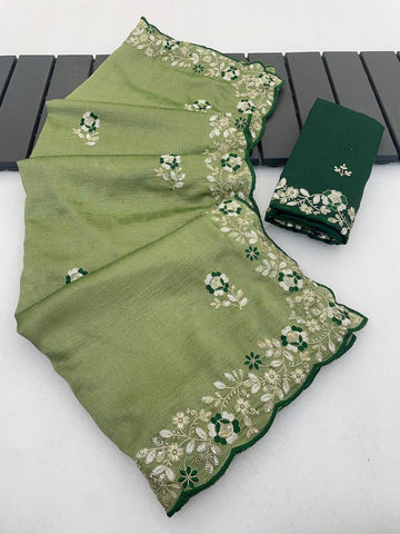 Olive Green Pure Vichitra Silk Saree with Sequence Thread Embroidery & Contrast Blouse