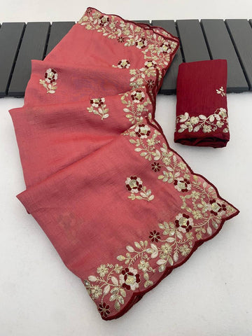 Peach Pure Vichitra Silk Saree with Sequence Thread Embroidery & Contrast Blouse