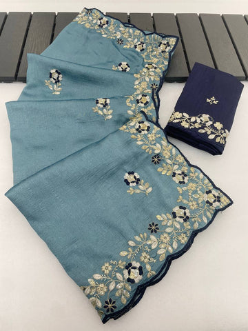 Teal Pure Vichitra Silk Saree with Sequence Thread Embroidery & Contrast Blouse