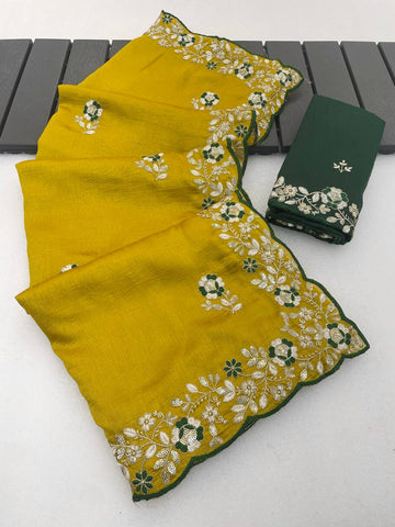 Mustard Pure Vichitra Silk Saree with Sequence Thread Embroidery & Contrast Blouse