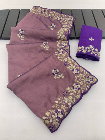 Mauve Pure Vichitra Silk Saree with Sequence Thread Embroidery & Contrast Blouse
