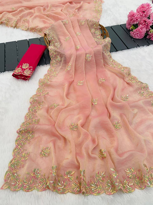 Peach Premium Moss Chiffon Saree with 3mm Sequence Multi Thread Work & Contrast Blouse
