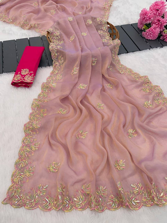 Mauve Premium Moss Chiffon Saree with 3mm Sequence Multi Thread Work & Contrast Blouse