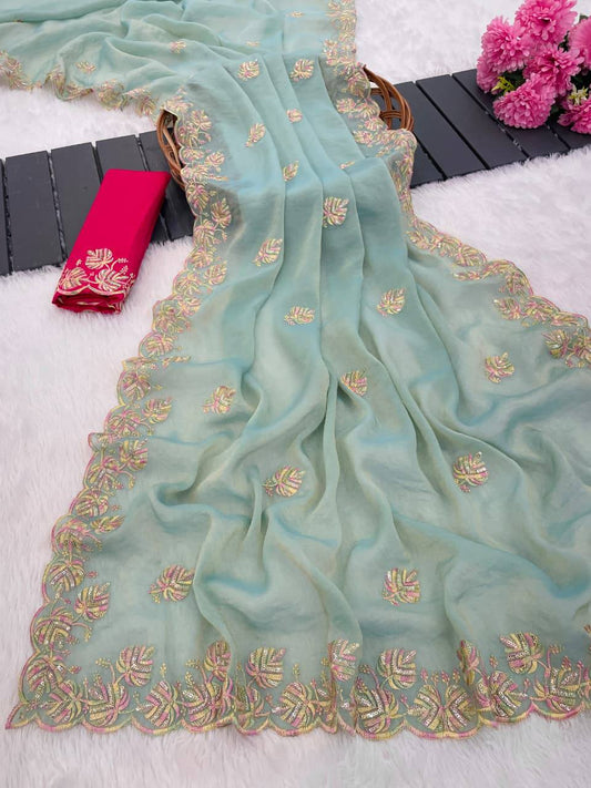 Sky Blue Premium Moss Chiffon Saree with 3mm Sequence Multi Thread Work & Contrast Blouse