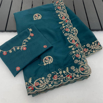Teal Pure Star Georgette Silk Saree with Sequence Thread Coding Embroidery