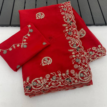 Red Pure Star Georgette Silk Saree with Sequence Thread Coding Embroidery