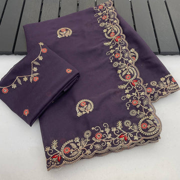 Purple Pure Star Georgette Silk Saree with Sequence Thread Coding Embroidery