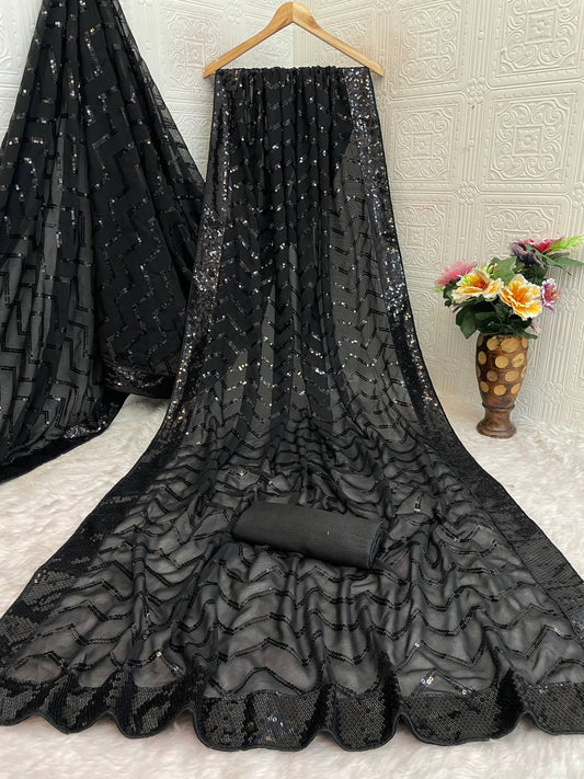 Black Georgette Silk Saree with 5mm Sequence Zig Zag Pattern & Lace Border