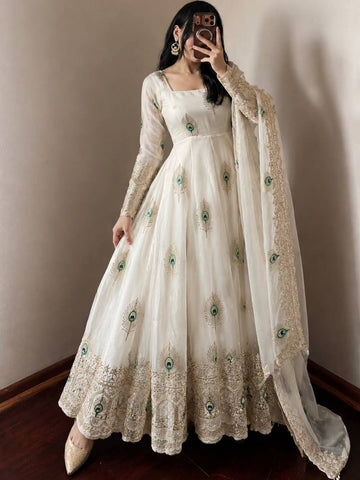 White Peacock Embroidered Heavy Anarkali Suit Set with Matching Dupatta