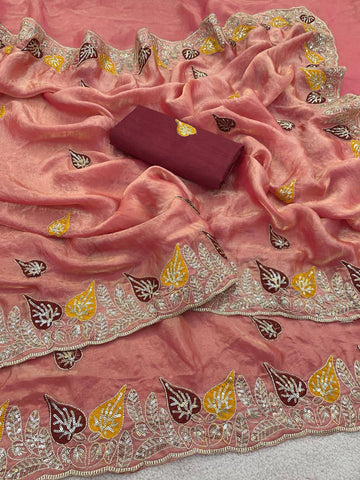 Peach Pure Fancy Satin Saree with 3mm Sequence Leaf Motif & Multi Thread Work
