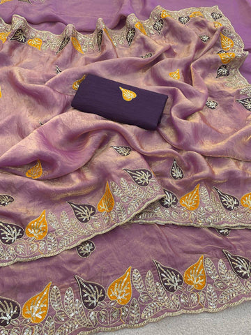 Mauve Pure Fancy Satin Saree with 3mm Sequence Leaf Motif & Multi Thread Work