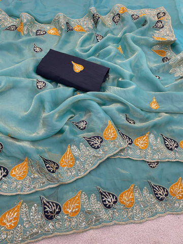Sky Blue Pure Fancy Satin Saree with 3mm Sequence Leaf Motif & Multi Thread Work
