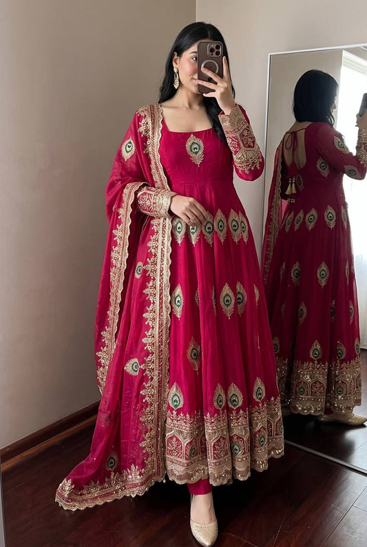 Rani Pink Peacock Embroidered Anarkali Suit With Dupatta