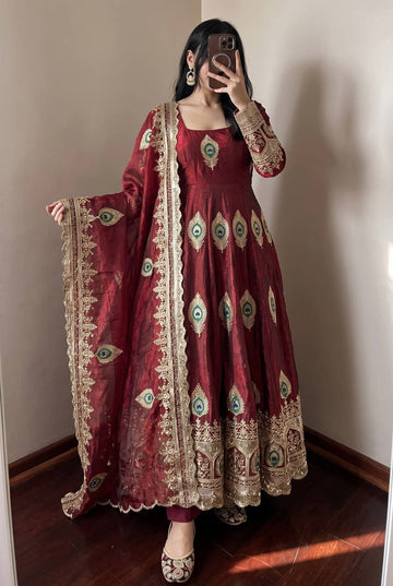 Maroon Peacock Embroidered Designer Anarkali Suit Set with Heavy Dupatta