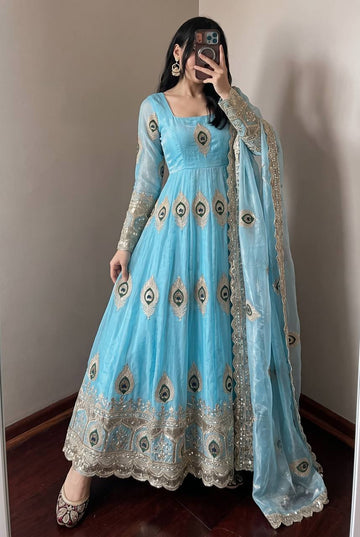 Sky Blue Peacock Feather Embroidery Anarkali Suit with Gold Zari Border Dupatta