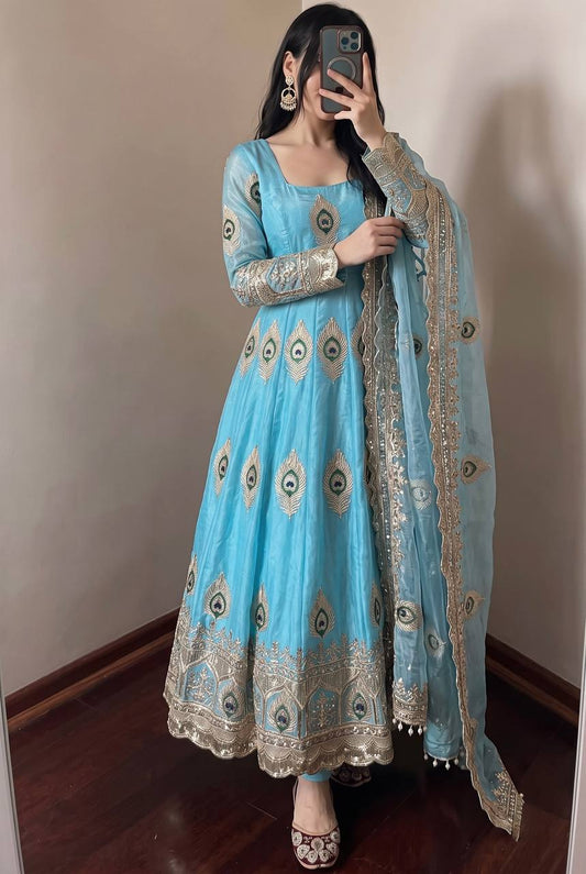 Sky Blue Peacock Feather Embroidery Anarkali Suit with Gold Zari Border Dupatta