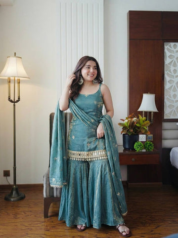 Elegant Teal Fendy Silk Embroidered Sharara Set with Mirror Work Dupatta