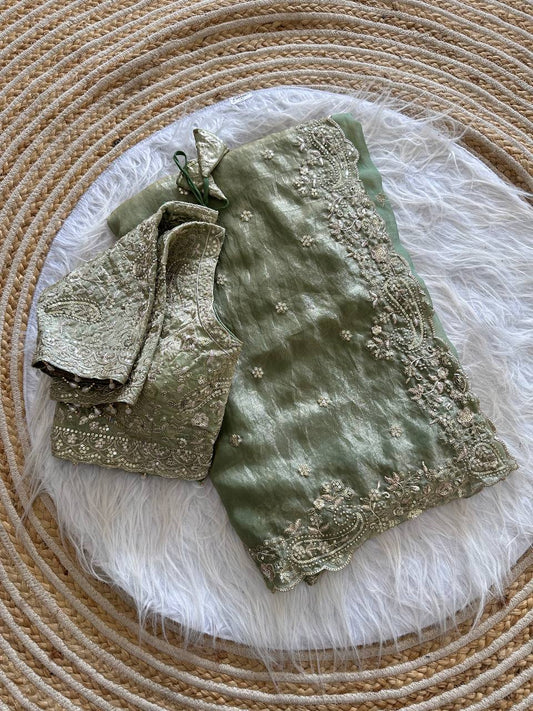 Sage Green Pure Soft Fandy Satin Silk Saree with Sequence Embroidery & Paisley Multi Border Aarco Work