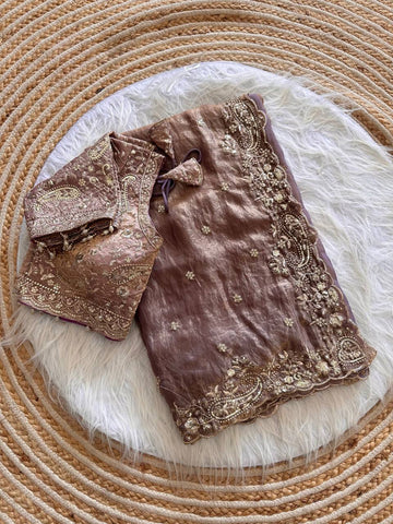 Maroon Pure Soft Fandy Satin Silk Saree with Sequence Embroidery & Paisley Multi Border Aarco Work