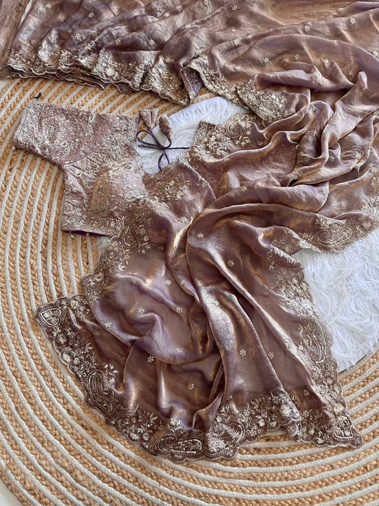 Rose Gold Pure Soft Fandy Satin Silk Saree with Sequence Embroidery & Paisley Multi Border Aarco Work