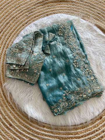 Navy Blue Pure Soft Fandy Satin Silk Saree with Sequence Embroidery & Paisley Multi Border Aarco Work