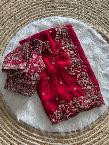 Crimson Red Pure Soft Fandy Satin Silk Saree with Sequence Embroidery & Multi Border Aarco Work