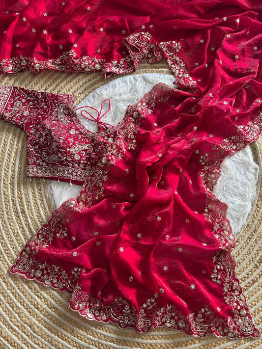 Red Pure Soft Fandy Satin Silk Saree with Sequence Embroidery & Paisley Multi Border Aarco Work