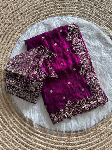 Magenta Pure Soft Fandy Satin Silk Saree with Sequence Embroidery & Multi Border Aarco Work