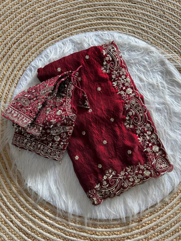 Deep Maroon Pure Soft Fandy Satin Silk Saree with Sequence Embroidery & Multi Border Aarco Work