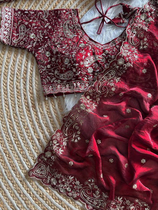 Maroon Pure Soft Fandy Satin Silk Saree with Sequence Embroidery & Paisley Multi Border Aarco Work