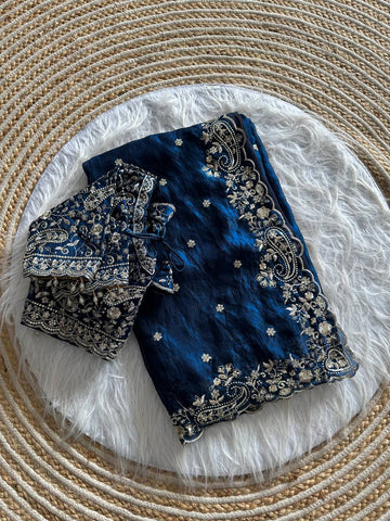 Navy Blue Pure Soft Fandy Satin Silk Saree with Sequence Embroidery & Multi Border Aarco Work