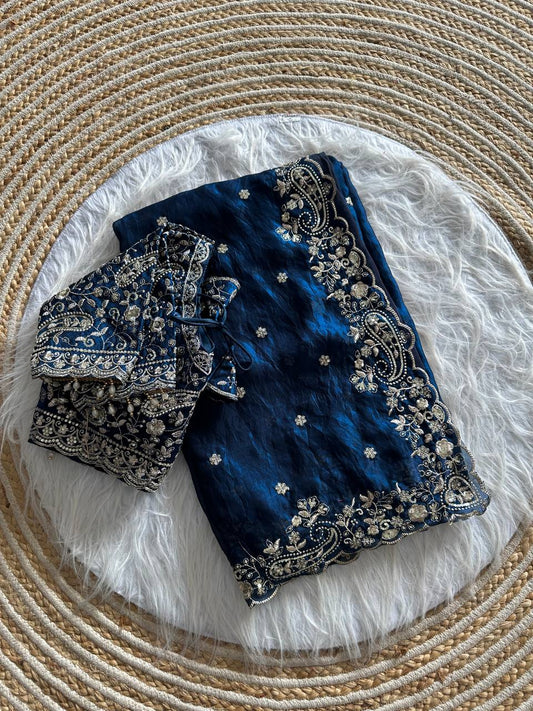 Navy Blue Pure Soft Fandy Satin Silk Saree with Sequence Embroidery & Paisley Multi Border Aarco Work