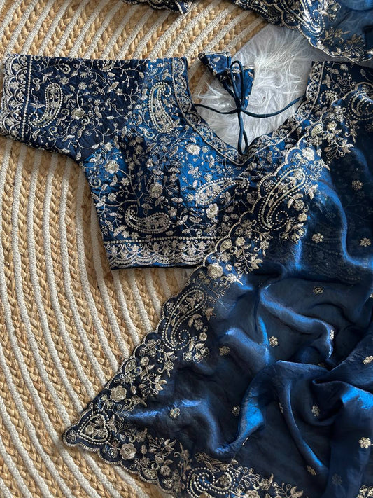 Navy Blue Pure Soft Fandy Satin Silk Saree with Sequence Embroidery & Paisley Multi Border Aarco Work