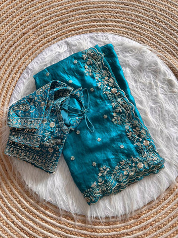 Peacock Blue Pure Soft Fandy Satin Silk Saree with Sequence Embroidery & Multi Border Aarco Work