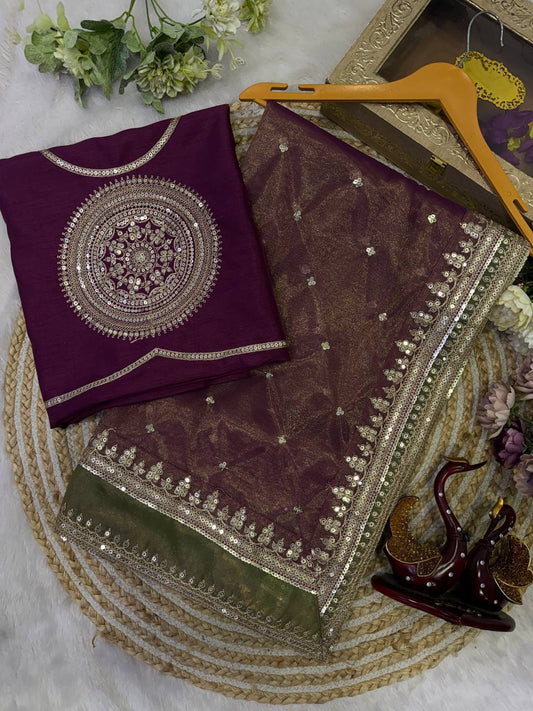 Designer Mulberry Wine NC Twill Saree With Embroidery Work