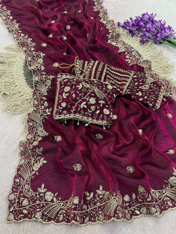 Wine Purple Pure Fancy Satin Silk Saree with Zari Sequin Embroidery Cutwork Border & Stitched Blouse