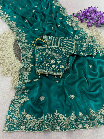 Emerald Green Pure Fancy Satin Silk Saree with Zari Sequin Embroidery Cutwork Border & Stitched Blouse