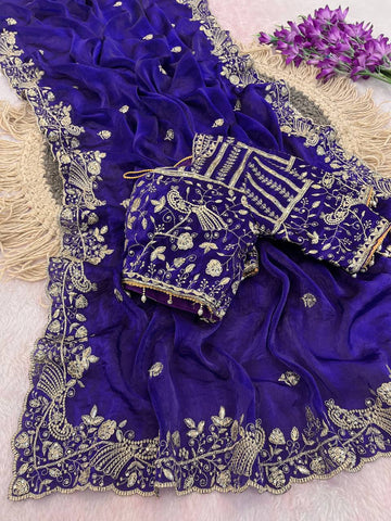 Royal Blue Pure Fancy Satin Silk Saree with Zari Sequin Embroidery Cutwork Border & Stitched Blouse