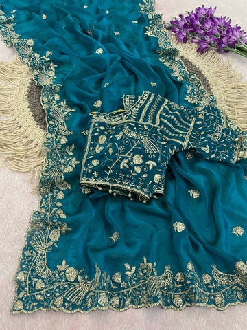 Peacock Blue Pure Fancy Satin Silk Saree with Zari Sequin Embroidery Cutwork Border & Stitched Blouse