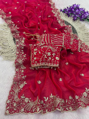 Magenta Pink Pure Fancy Satin Silk Saree with Zari Sequin Embroidery Cutwork Border & Stitched Blouse
