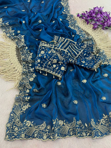 Teal Blue Pure Fancy Satin Silk Saree with Zari Sequin Embroidery Cutwork Border & Stitched Blouse