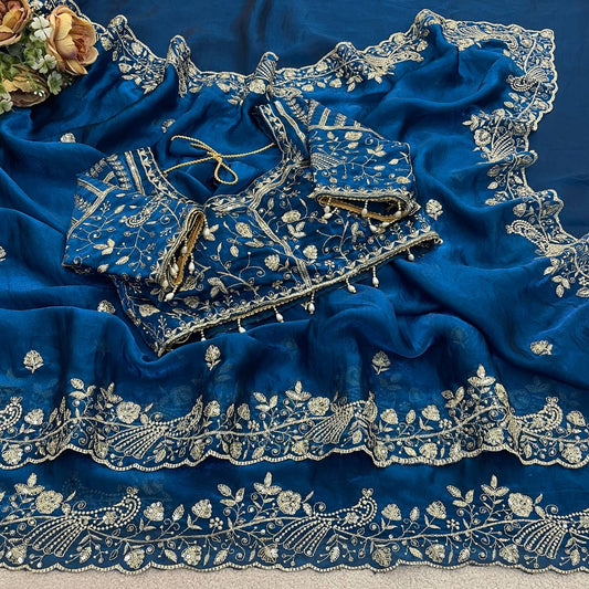 Teal Blue Pure Fancy Satin Silk Saree with Zari Sequin Embroidery Cutwork Border & Stitched Blouse