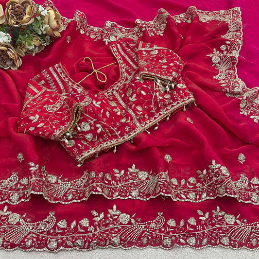 Magenta Pink Pure Fancy Satin Silk Saree with Zari Sequin Embroidery Cutwork Border & Stitched Blouse