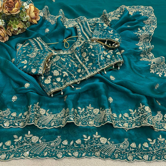 Peacock Blue Pure Fancy Satin Silk Saree with Zari Sequin Embroidery Cutwork Border & Stitched Blouse