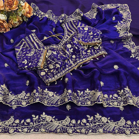 Royal Blue Pure Fancy Satin Silk Saree with Zari Sequin Embroidery Cutwork Border & Stitched Blouse