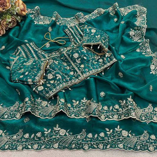 Emerald Green Pure Fancy Satin Silk Saree with Zari Sequin Embroidery Cutwork Border & Stitched Blouse